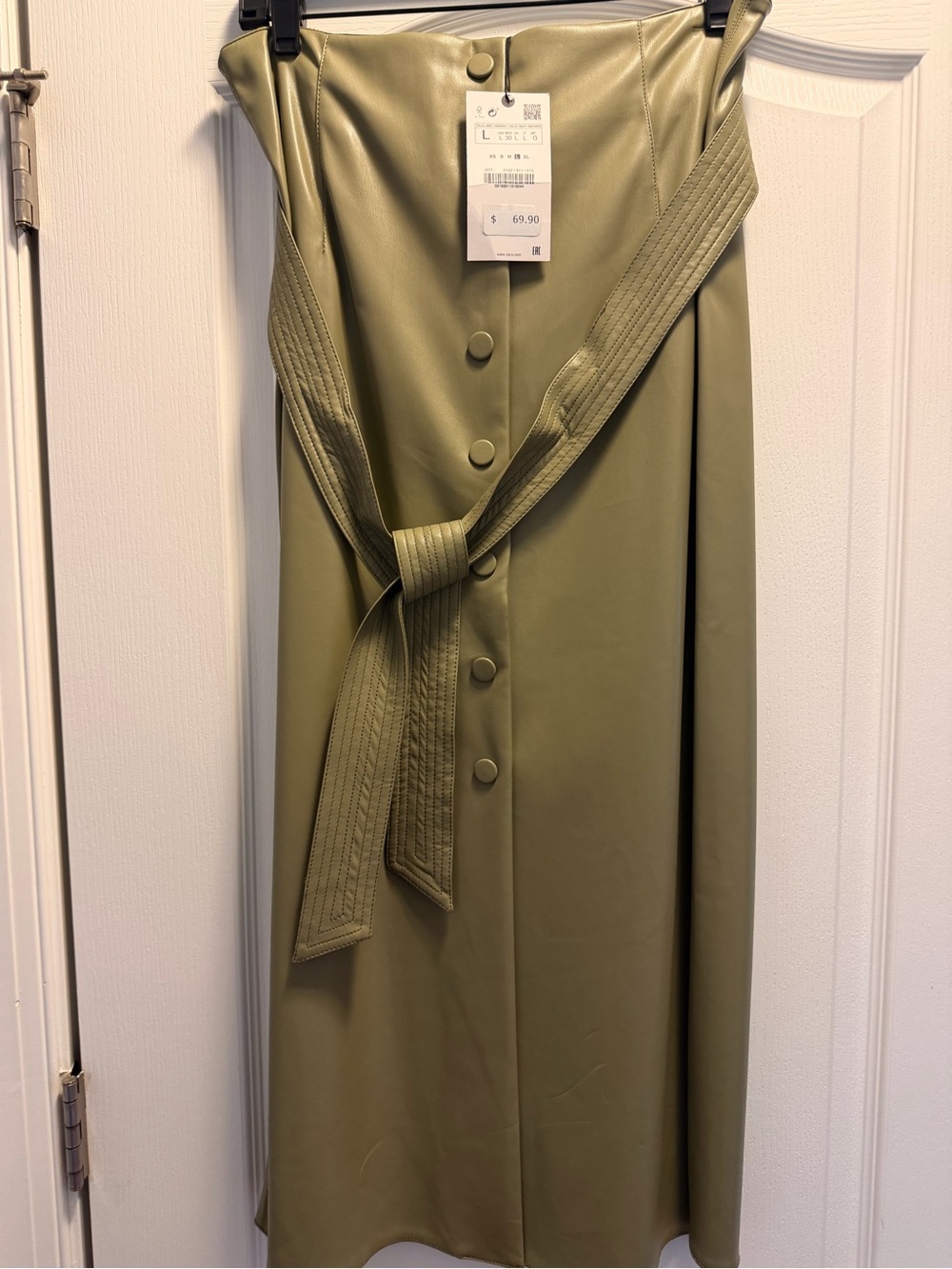 Zara Olive Green Faux-Leather Midi Skirt with Belt